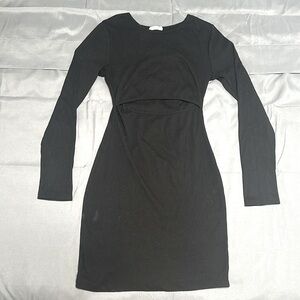 Long sleeve black mini dress with slit on front
